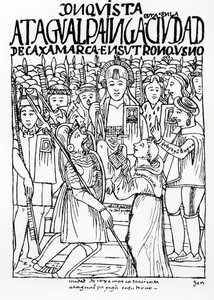 Diego de Almagro, Francisco Pizarro y el Fraile Vicente de Valverde arrodillados ante Atahualpa Inca en Cajamarca