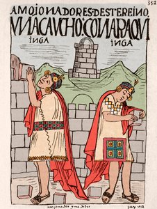 Imperio Inca: incas construyendo graneros, edificios públicos y religiosos - Dibujo a tinta del manuscrito 