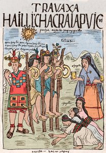 Imperio Inca: el inicio del trabajo de campo en agosto, ocasión de una gran fiesta popular en la que también participaron los nobles - Dibujo a tinta del manuscrito 