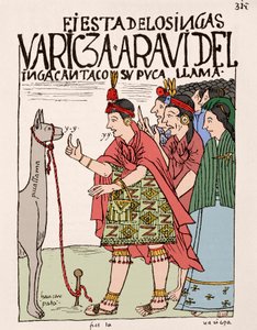 Imperio Inca: el sacrificio de una llama en ocasión de un rito inca - Dibujo a tinta del manuscrito 