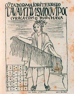 Hombre inca sosteniendo un quipu: sistema de contabilidad usando cuerdas y nudos (dibujo a tinta) de Felipe Huaman Poma de Ayala