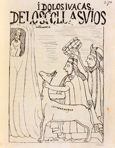 Ofrenda inca de llama a los ídolos (grabado) de Felipe Huaman Poma de Ayala