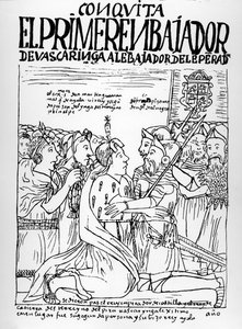 Martín de Ayala saluda a Francisco Pizarro y Diego de Almagro de Felipe Huaman Poma de Ayala