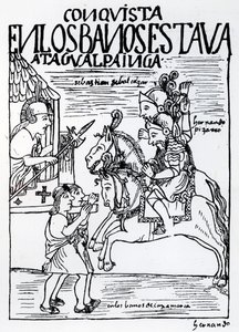 Sebastián de Benalcázar y Hernando Pizarro confrontan a Atahualpa Inca en los Baños Reales de Cajamarca de Felipe Huaman Poma de Ayala