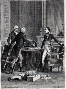 Primera deliberación de los tres cónsules en el Palacio de Luxemburgo - Napoleón Bonaparte, Emmanuel Joseph Sieyès y Pierre Roger-Ducos 1799 - Grabado por Barbant, después de Philippoteaux - Primer Consulado, 24 Frimaire VIII (15 de diciembre de 1799), pri de Felix (after) Philippoteaux