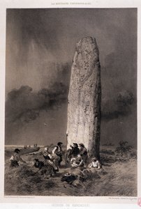 Campesinos alrededor del menhir de Kergadiou (Finisterre) - en "La Bretaña contemporánea", ilustrado por Félix Benoist, ed. Charpentier, París de Felix Benoist