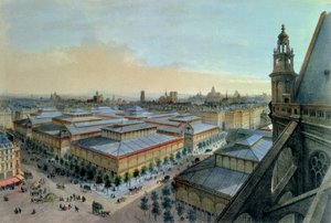 Vista de Les Halles en París desde la galería superior de Saint Eustache, c. 1870-80 de Felix Benoist