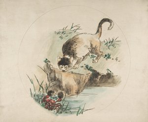 Decoración para un plato: Un gato cazando un cangrejo de Felix Bracquemond