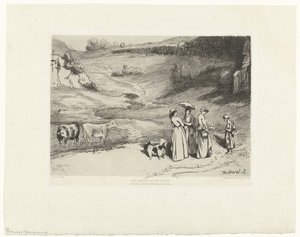 Mujeres jóvenes dan dinero a una pastora en un paisaje de colinas
Les demoiselles du villages (título en el objeto) de Felix Bracquemond