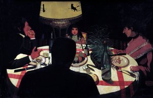 Cena, efecto de lámpara. Representación del pintor rodeado de su esposa y hermosos hijos