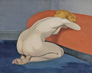 Mujer desnuda arrodillada frente a un sofá rojo, 1915