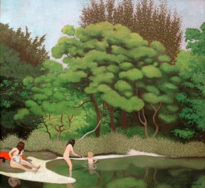Paisaje soleado en el bosque, con dos mujeres y un niño