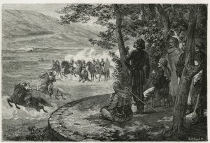 La carrera del djerid, el jinete comenzaba sosteniendo un palo corto que representaba tanto la lanza como el rifle; lo agitaba sobre su cabeza antes de lanzarlo, ilustración de la historia Les Ansaries, por Leon Cahun, una misión encargada por el gobierno  de Felix Elie Regamey