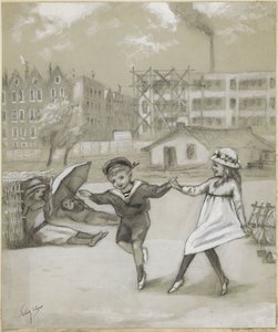 Un niño y una niña bailando en un parque urbano o en un patio de recreo de Felix Hess (signed by artist)