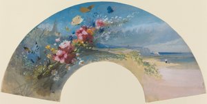 Abanico con flores silvestres y mariposas contra la costa normanda de Felix Hilaire Buhot