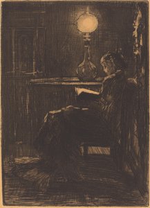 Mujer leyendo a la luz de la lámpara