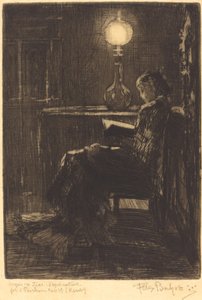 Mujer leyendo a la luz de la lámpara