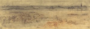 Paisaje marino con una ciudad fortificada a la derecha, islas a la izquierda y una cabaña en primer plano, c. 1882