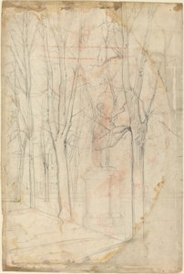 Boceto de árboles con una estatua en un pedestal