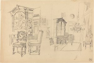 Dos estudios de un interior con muebles de Felix Hilaire Buhot