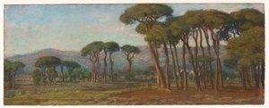 Paisaje extenso con un pueblo y colina en la distancia de Felix Hippolyte Lanoue