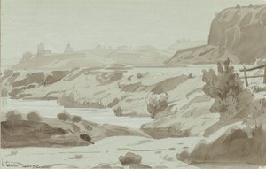 Vista en la Campagna romana con un río en primer plano de Felix Hippolyte Lanoue