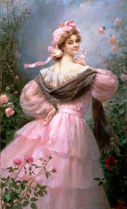 Mujer elegante en un jardín de rosas