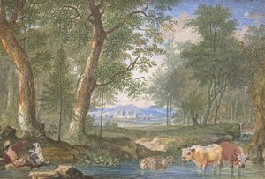 Paisaje con vacas en un arroyo de Felix Meyer