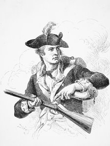 Soldado americano durante la Guerra de Independencia, usando su cuerno de pólvora para cebar el cazo de su mosquete de chispa, grabado por A. Bollett