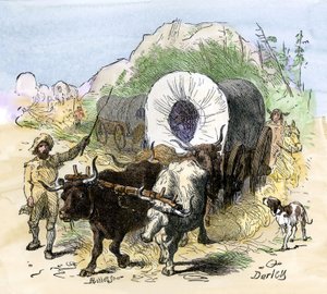 Historia de los colonos y del conquete del Oeste: Los pioneros americanos. Pioneros emigrados al valle del Misisipi a principios del siglo XIX. Grabado para colorear de Darley.