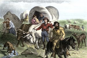 Historia de los colonos de West Conquete: Pioneros americanos. Viajes de varias familias cruzando las llanuras de Estados Unidos en diligencia tirada por bueyes. Grabado coloreado del siglo XIX.