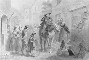 Escena de pueblo con figuras coloniales holandesas del Álbum Hosack de Felix Octavius Carr Darley