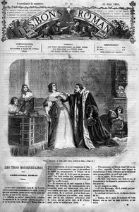 Serie romana: "Los Tres Mosqueteros" de Alexandre Dumas (1802-1870). Sospechada de infidelidad por su esposo, Luis XIII, la Reina Ana de Austria (1601-1666) debe entregar al Canciller una carta que supuestamente escribió al Duque de Buckingham, su presunto