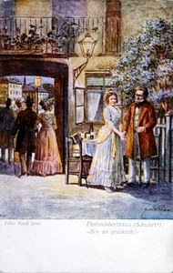 Escena de "Das Dreimaederlhaus" ("La casa de las tres niñas") que representa a Schubert delante de la casa, c.1916 (litografía en color) de Felix Riedl