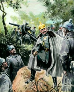 Primera Guerra Mundial: Retrato del Emperador Guillermo II (1859-1941) visitando un puesto de artillería. Impresión de Felix Schwormstadt (1870-?) 1915 Colección privada