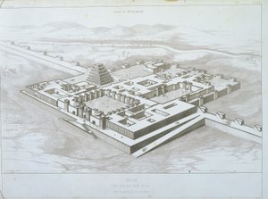 Palacio de Khorsabad, vista histórica desde el sureste con parte de las murallas fortificadas, ilustración de 