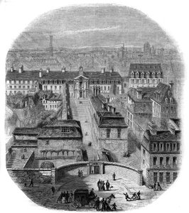 Vista de la fábrica de tapices de los Gobelinos en París, con el convento de los Capuchinos, el Observatorio y el castillo de la Reina Blanca. Grabado por Thorigny de Felix Thorigny