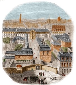 Vista de la fábrica de tapices Gobelinos en París, con el convento de los Capuchinos, el Observatorio y el castillo de la Reina Blanca. Grabado por Thorigny de Felix Thorigny