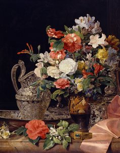 Ramo de flores con recipientes de plata y un jarrón antiguo de Ferdinand Georg Waldmüller