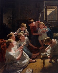 Niños en la mañana mirando imágenes de Ferdinand Georg Waldmuller
