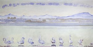 Nueve cisnes frente a un paisaje montañoso, 1915