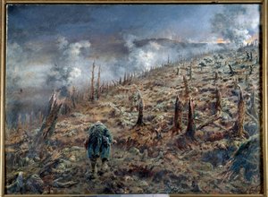 Primera Guerra Mundial (1914-1918): "El barranco de la muerte en Verdún" Paisaje de ruinas y cenizas después de la batalla. Pintura de Ferdinand Joseph Gueldry (1858-1945) 1916 París. Museo de las Dos Guerras Mundiales de Ferdinand Joseph Gueldry