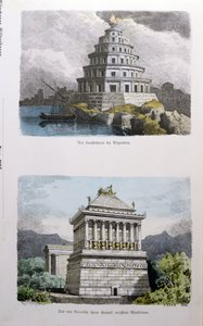 El gran faro de Alejandría y el mausoleo de Halicarnaso, de una serie de las Siete Maravillas del Mundo publicada en Munchener Bilderbogen, 1886