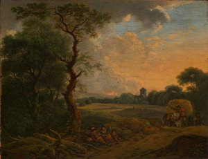 Paisaje vespertino con carro de heno de Ferdinand Kobell