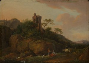 Ruinas de castillo con pastores y rebaño de Ferdinand Kobell