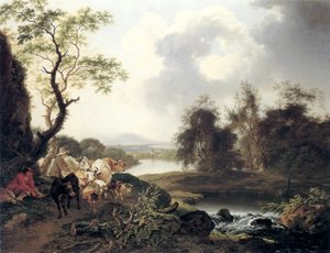 Alemán: Paisaje fluvial con cascada, senderista descansando, pastor con vacas y cabra y tres viajeros.