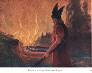 Instantáneamente, un chorro de fuego brotó, ilustración de Las historias de las óperas de Wagner, pub. por George Harrap & Co Ltd 1932