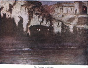 El funeral de Siegfried, ilustración de Las historias de las óperas de Wagner, pub. por George Harrap & Co Ltd 1932