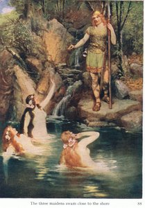 Las tres doncellas nadaron cerca de la orilla, ilustración de Las historias de las óperas de Wagner, pub. por George Harrap & Co Ltd 1932