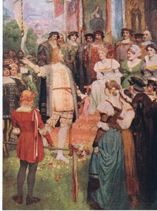 Walter comenzó su canción, ilustración de Las historias de las óperas de Wagner, publicada por George Harrap & Co Ltd 1932 de Ferdinand Lecke